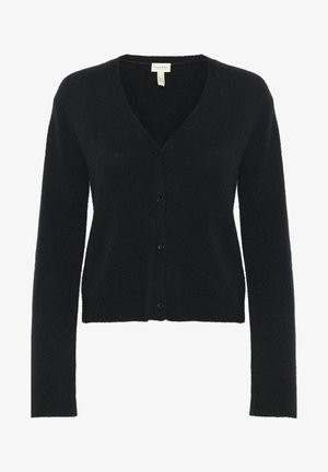Svart cardigan i mjukt tyg, med V-ringning, långa ärmar, fem knappar och en figursydd design. Ingen mönster eller hårdvaruaccenter.