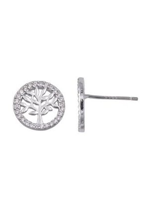 Orecchini a bottone in argento con design circolare ad albero e piccole pietre preziose intorno, mostrati in vista frontale e laterale su sfondo bianco.