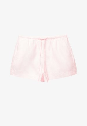 Shorts en lin rose clair avec une taille élastique, un lien de serrage et des poches latérales ; dotés d'une coupe ample et d'un ourlet droit.