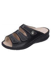 Black slide sandal with three open straps, leather material, stitched accents, cushioned footbed, and a small decorative logo on the side.