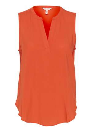 Sleeveless orange top with a V-neck and a relaxed fit. Made of soft fabric, it has a smooth texture and rounded hemline for ease of movement.