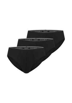 Drei schwarze Herren-Slips mit elastischen Bund, die mit "HANRO" beschriftet sind, leicht überlappend auf weißem Hintergrund angeordnet.