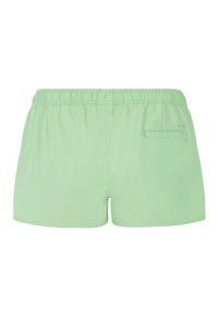Světle zelené plavkové šortky s elastickým pasem, boční kapsou a hladkým povrchem. Navrženo pro pohodlí a snadný pohyb.
