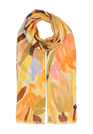 Lightweight scarf with abstract watercolor floral patterns in orange, yellow, pink, purple, and brown, displayed flat with a loop at the top.