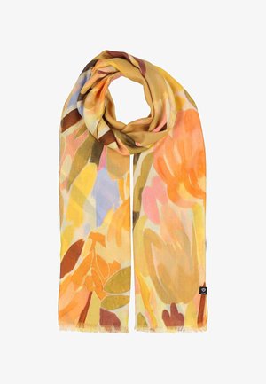 Lightweight scarf with abstract watercolor floral patterns in orange, yellow, pink, purple, and brown, displayed flat with a loop at the top.