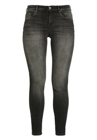 Svarta skinny jeans i denim, med en blekt tvätt, fem fickor och knäppning med knapp, samt en smal benöppning.
