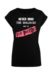 Black short-sleeve T-shirt featuring white and pink text: "NEVER MIND THE BOLLOCKS HERE'S THE Sex PiStOlS" in a bold, graphic style.