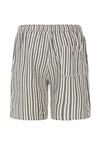 Shorts rayés avec des lignes verticales noires et blanches, taille élastique et une poche arrière avec un bouton en bois. Texture semblable au coton.