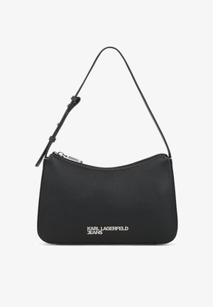 Fekete műbőr válltáska ezüst cipzárral és logóval. Lekerekített forma, rövid állítható pánt, sima textúra, minimalista design.