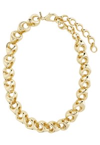 Collana in oro con catena, caratterizzata da anelli a forma di cuore intrecciati, finitura lucida e chiusura a moschettone con lunghezza regolabile.