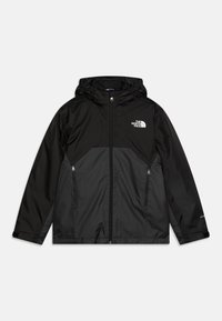 Black hooded jacket made of waterproof material featuring a zip closure, side pockets, and a contrasting panel design. Logo on chest.