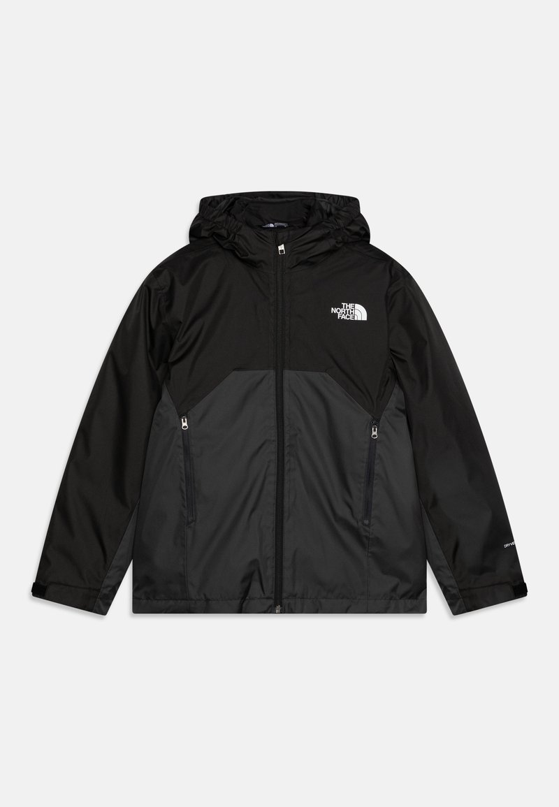 Black hooded jacket made of waterproof material featuring a zip closure, side pockets, and a contrasting panel design. Logo on chest.