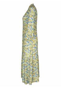 Robe florale aux tons jaune et bleu, dotée de manches longues, d'un corsage ajusté et d'un ourlet évasé avec un détail volanté en bas.