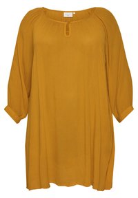 Langmouw, mosterdgele blouse van lichtgewicht stof. Heeft een keyhole-halslijn, geplooide details en een relaxte pasvorm met opgerolde manchetten.