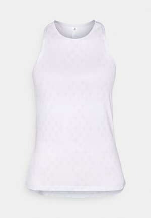 Witte mouwloze sporttop van meshstof, met een getextureerd ruitpatroon en een ronde halslijn.