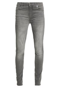 Šedé džíny z denimu s přiléhavým střihem, klasickým pětiokýnkovým stylem, zapínáním na zip a jemným vyblednutím podél nohou.