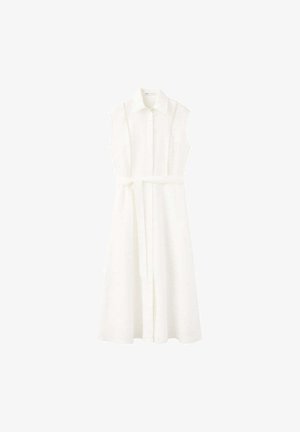 Robe midi blanche sans manches avec col, boutonnée sur le devant et ceinturée à la taille, avec de subtiles surpiqûres décoratives verticales.