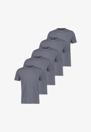 Pięć jednokolorowych, szarych, krótkich koszulek z okrągłym dekoltem, ułożonych w lekko zachodzący na siebie rzęd.