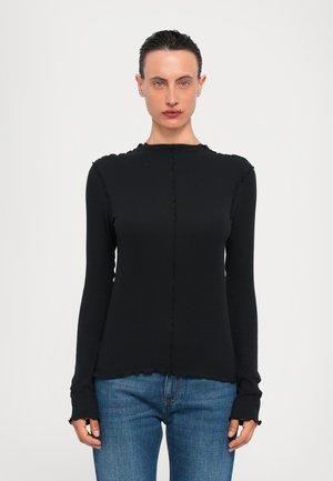 Zwarte lange mouw shirt met een slim-fit ontwerp, textuur randen en een ronde halslijn. Kenmerkt zich door naadloze stitching aan de voorkant.