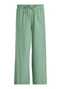 Pantalon large vert clair avec taille élastique et cordon de serrage à l'avant, en tissu doux et fluide.