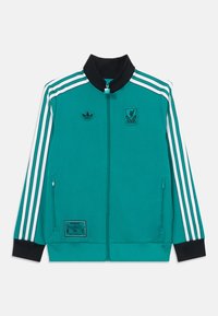 Chaqueta de color teal con detalles en negro. Presenta tres rayas blancas a lo largo de las mangas, logotipos bordados y un bolsillo frontal con cremallera.