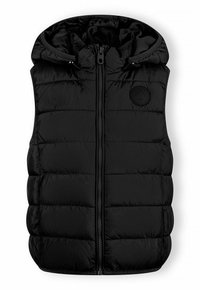 Gilet imbottito nero con cappuccio, dotato di zip frontale, texture trapuntata e logo circolare sull'area del petto sinistro.
