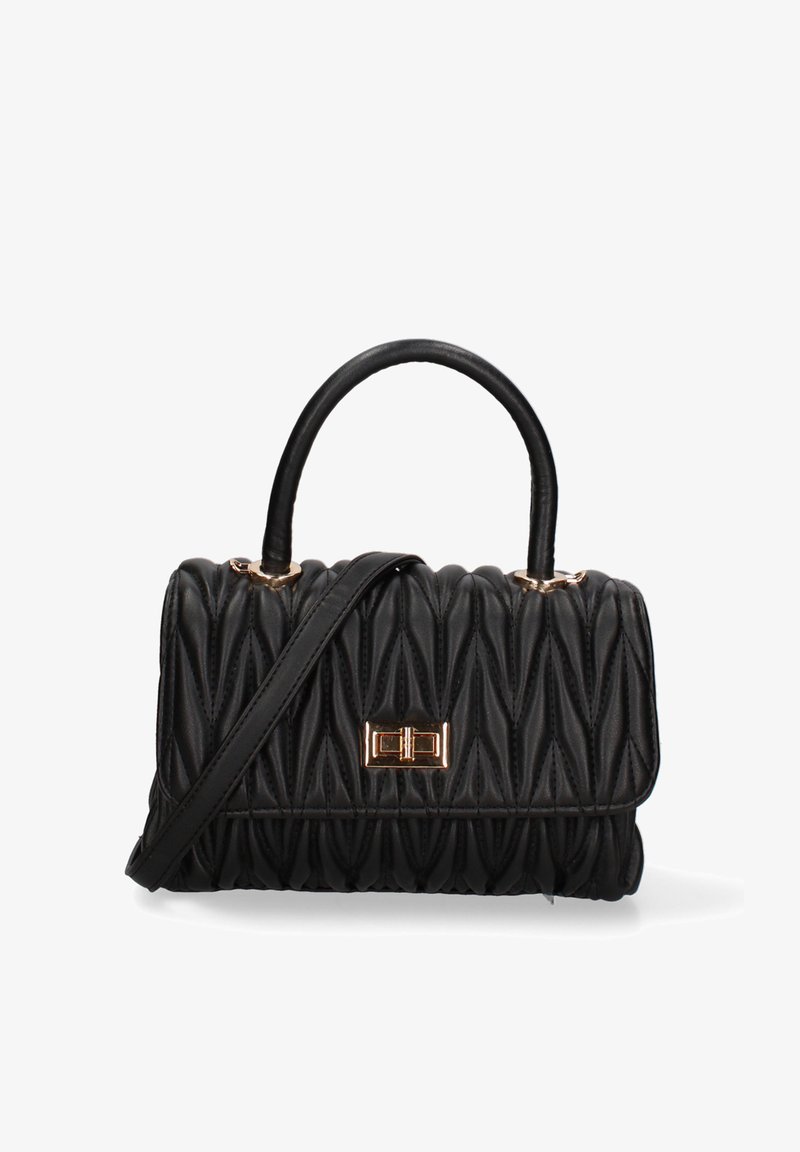 Borsa a tracolla nera trapuntata con un design strutturato, dotata di manico superiore e tracolla staccabile. Accento in metallo dorato sulla parte frontale.