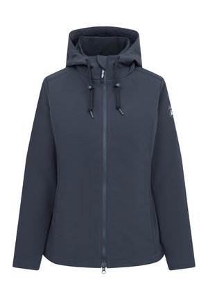 Marinefarbener Reißverschlussjacke mit Kapuze, ausgestattet mit Zugbändern, glattem Stoff, seitlichen Taschen und einem weichen Innenfutter. Minimalistisches Design mit Logodetail.