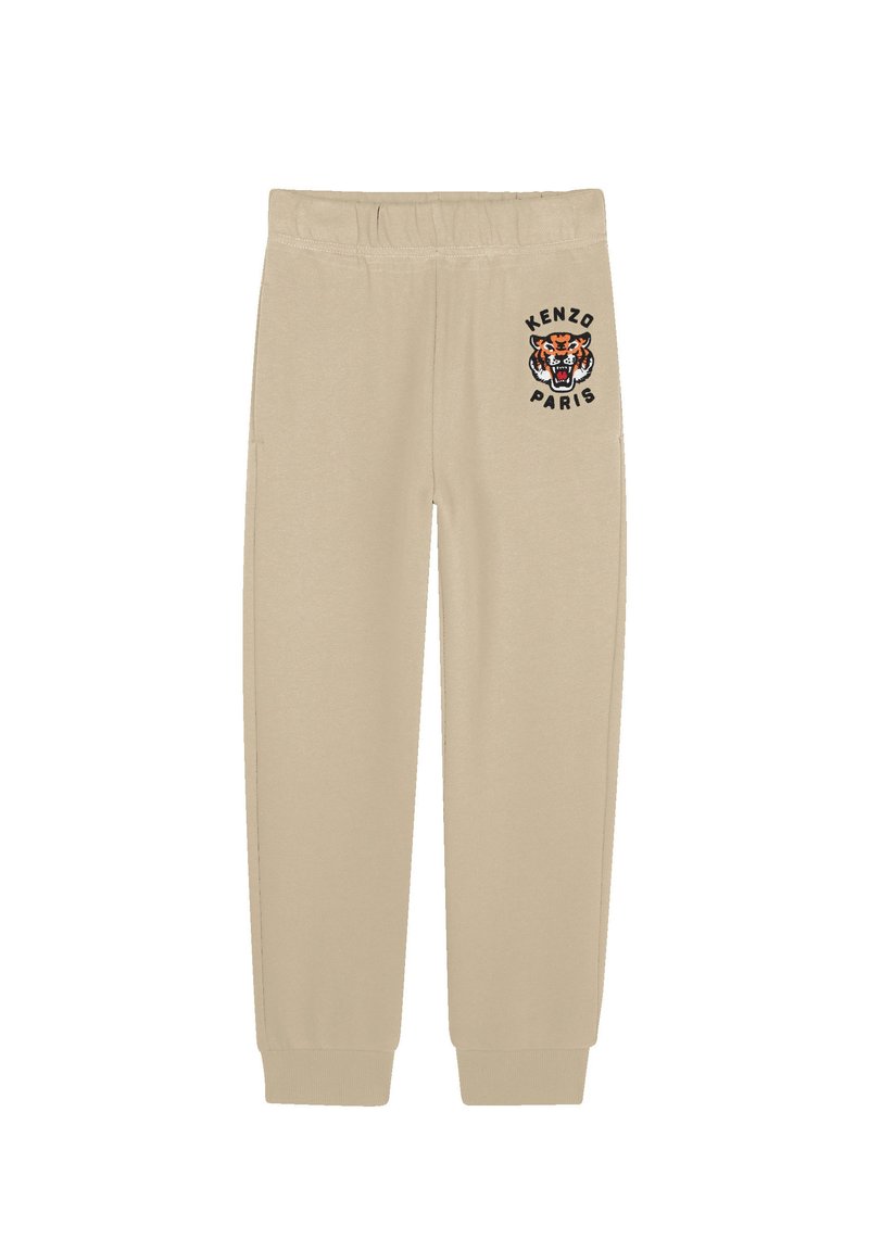 Beige sweatpants met een elastische tailleband en boorden, en een tijgerlogo met de tekst "KENZO PARIS" in zwart op de linkerdij.