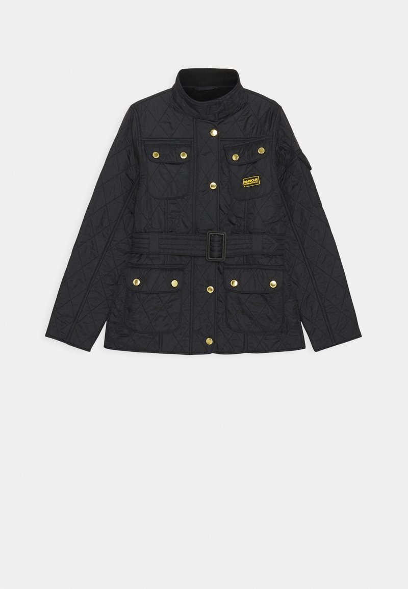 Quilted black jacket featuring a high collar, gold hardware, four front pockets, and a matching belt at the waist.