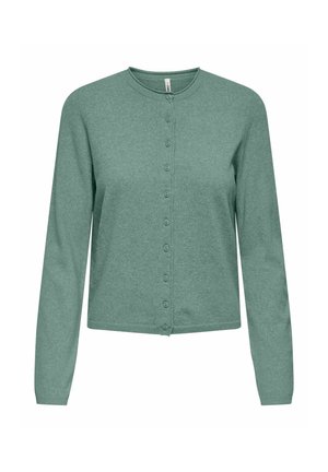 Green long-sleeve cardigan made of soft, knitted fabric featuring a round neckline and a button-front closure with evenly spaced buttons.