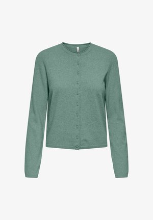 Grønn cardigan med lange ermer laget av mykt, strikket stoff med rund hals og knappestolpe med jevnt fordelte knapper.