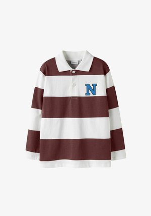 Tricou polo cu mânecă lungă, cu dungi maro închis și albe. Are guler, trei nasturi și un logo albastru „N” pe pieptul stâng. Material moale din bumbac.