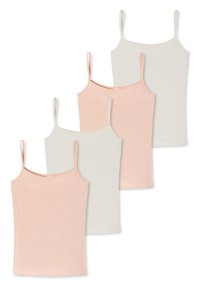 Four tank tops in soft fabric. Two pale pink and two white, with thin straps and a simple, fitted design. Smooth texture, no patterns.