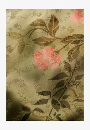 Textile fabric featuring a floral pattern with pink roses and green foliage on an olive background. Smooth texture, soft sheen.