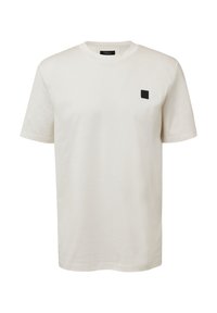 Witte katoenen t-shirt met een ronde hals, korte mouwen en een klein zwart vierkant logo-opdruk op de linkerbovenborst.