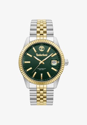 Orologio con quadrante verde e dettagli in tono oro, cinturino in acciaio inossidabile argento e oro, display della data e resistenza all'acqua fino a 50 metri.