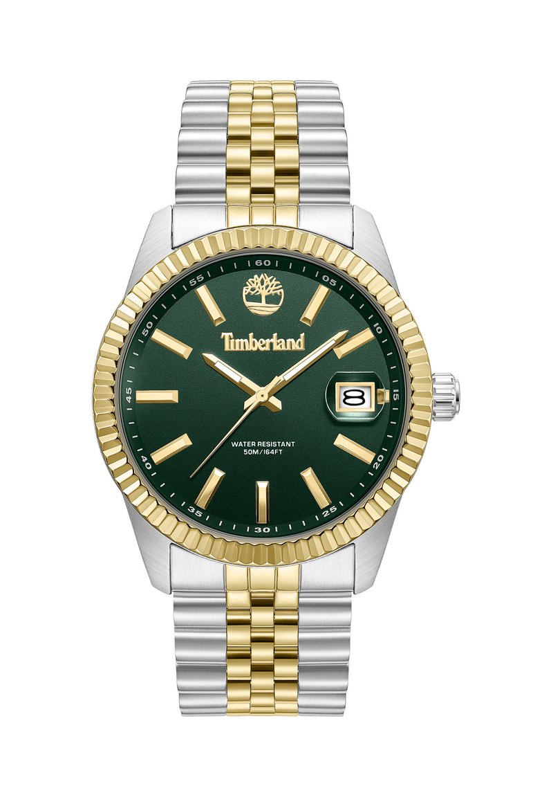 Orologio con quadrante verde e dettagli in tono oro, cinturino in acciaio inossidabile argento e oro, display della data e resistenza all'acqua fino a 50 metri.