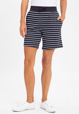 Marineblaue gestreifte Shorts mit hellblauen horizontalen Linien, elastischem Bund, Kordelzug, Seitentaschen, aus einem weichen, atmungsaktiven Stoff.