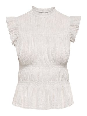 Witte textuurloze mouwloze blouse met geplooide kortere mouwen, hoge hals met knoopsluiting en geplooide taille en zoom.