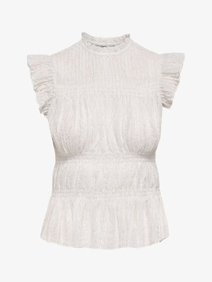 Witte textuurloze mouwloze blouse met geplooide kortere mouwen, hoge hals met knoopsluiting en geplooide taille en zoom.
