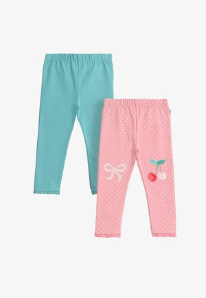 To par leggings: en turkis og en lyserød med hvide prikker. De lyserøde leggings har en sløjfe og kirsebærbroderi.