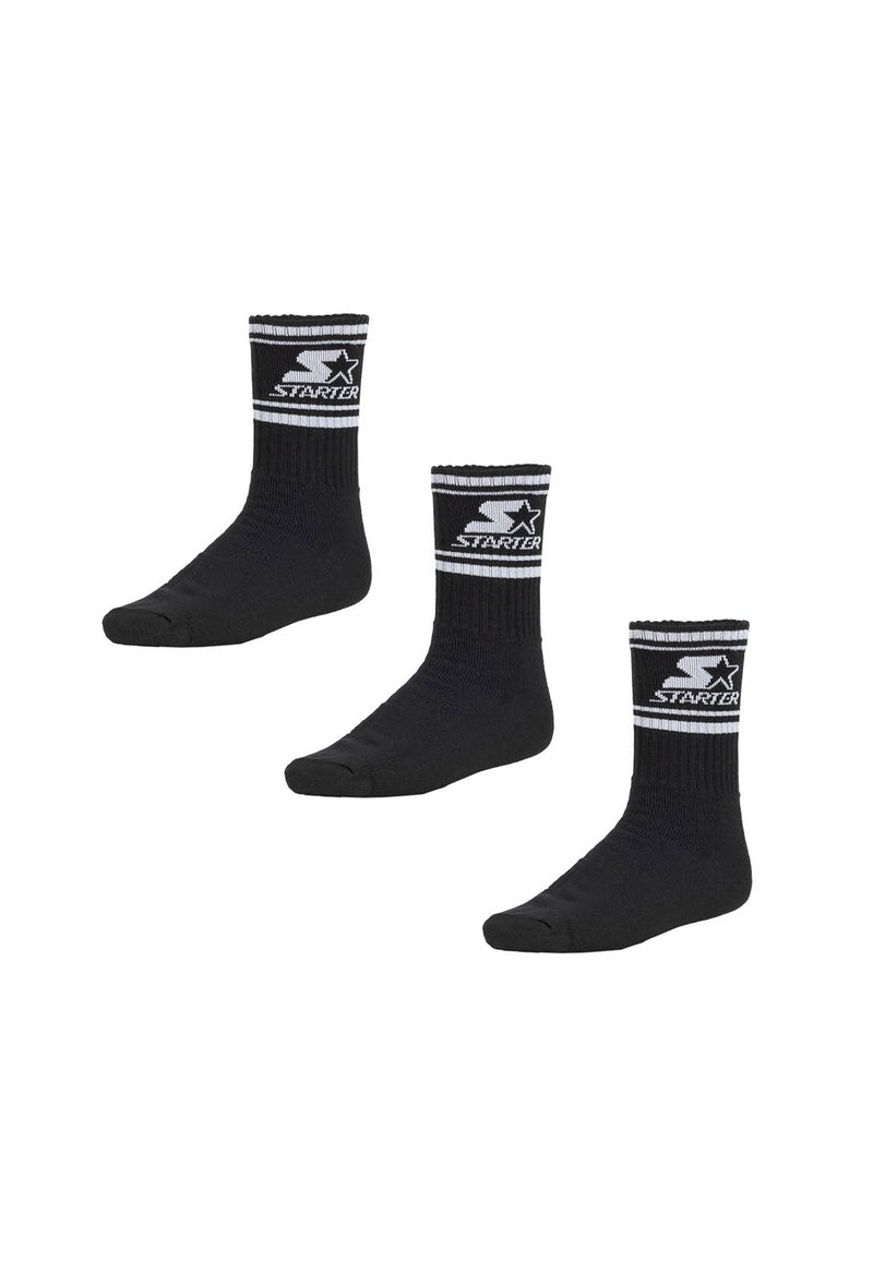 Schwarze Kniestrümpfe mit weißem "STARTER"-Logo und Streifen am oberen Rand. Weicher Stoff, gerippte Struktur und verstärkte Spitze für Langlebigkeit. Set aus drei Paaren.
