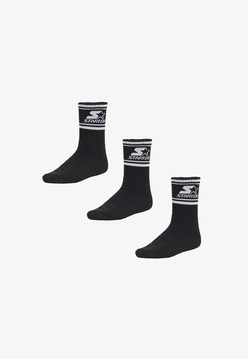 Chaussettes de crew noires avec le logo "STARTER" en blanc et des rayures en haut. Texture douce, design côtelé et bout renforcé pour plus de durabilité. Lot de trois.