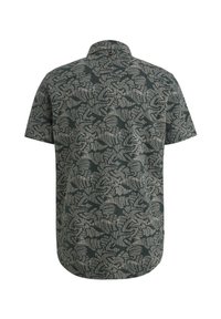 Korte mouwen shirt van donkergroene stof met een contrasterend abstract wit patroon en een klassieke kraag met een enkele knopdetail aan de achterkant.