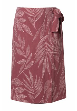 Wrap skirt in dusty rose with white dotted leaf patterns and a side bow tie closure.