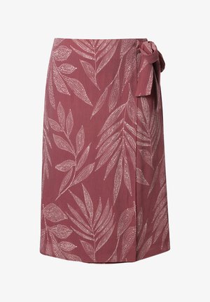 Wrap skirt in dusty rose with white dotted leaf patterns and a side bow tie closure.