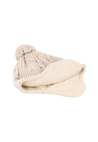 Strickmütze in hellem Creme mit mehrfarbigen Sprenkeln; ausgestattet mit einem plüschigen Futter und einem Pompon oben für zusätzlichen Detail.