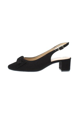 Schwarzer Wildleder-Slingback-Schuh mit niedrigem Blockabsatz und vorderer Schleifendetail, versehen mit verstellbarem Schnallenriemen und spitzer Zehe.