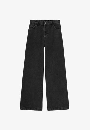 Jean noir taille haute à jambes larges avec poches avant, passants pour ceinture et fermeture à bouton à la taille.